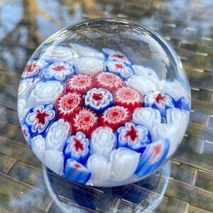 Vintage Millefiori Glass Paperweight, Red, White & Blue Floral, Made in Italy